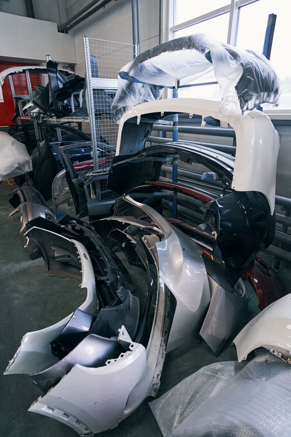 Panneaux et pare‑chocs en attente de réparation dans un atelier de carrosserie à Blainville 