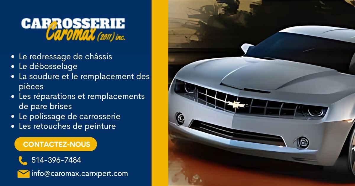 Carrossier ponçant un panneau de carrosserie dans un atelier à Boucherville